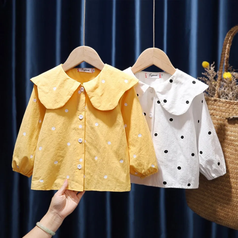

Cute Polka Dot Blouse for Toddler Girl Peter Pan Collar Children Clothing 2021 Spring Fashion Infant Baby Kids Shirt Ruffle Tops