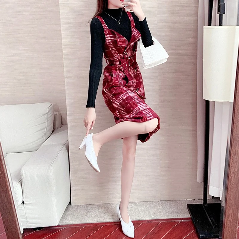 Весенняя мода вязаный свитер без рукавов подтяжки в клетку платье для женщин