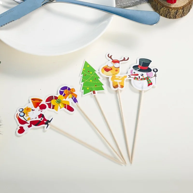 

100pcs Handmade Santa Claus Snowman Christmas Tree Elk Bamboo Toothpicks for Drink Fruit Dessert Food Decoration