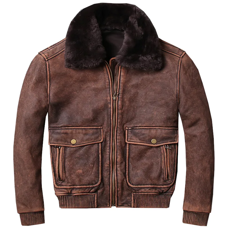 air force winter flight jacket fur collar vintage cow leather men brown pilot coat men's bomber |