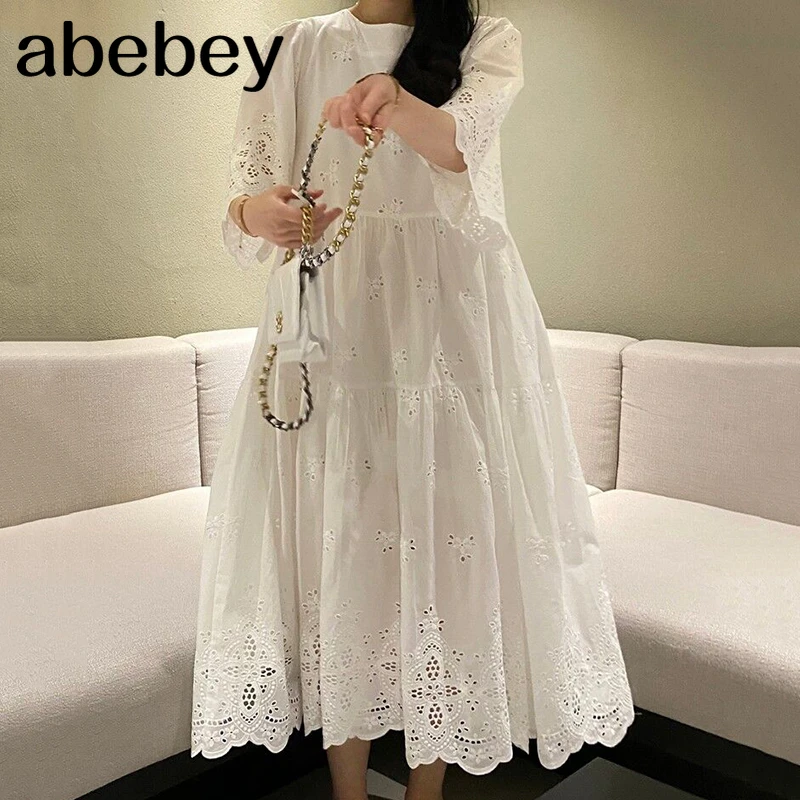 

Korean Elegant Hollow Out Dress For Women O Neck Short Sleeve Patchwork Lace Midi Dresses Female 2021 Summer Fashion