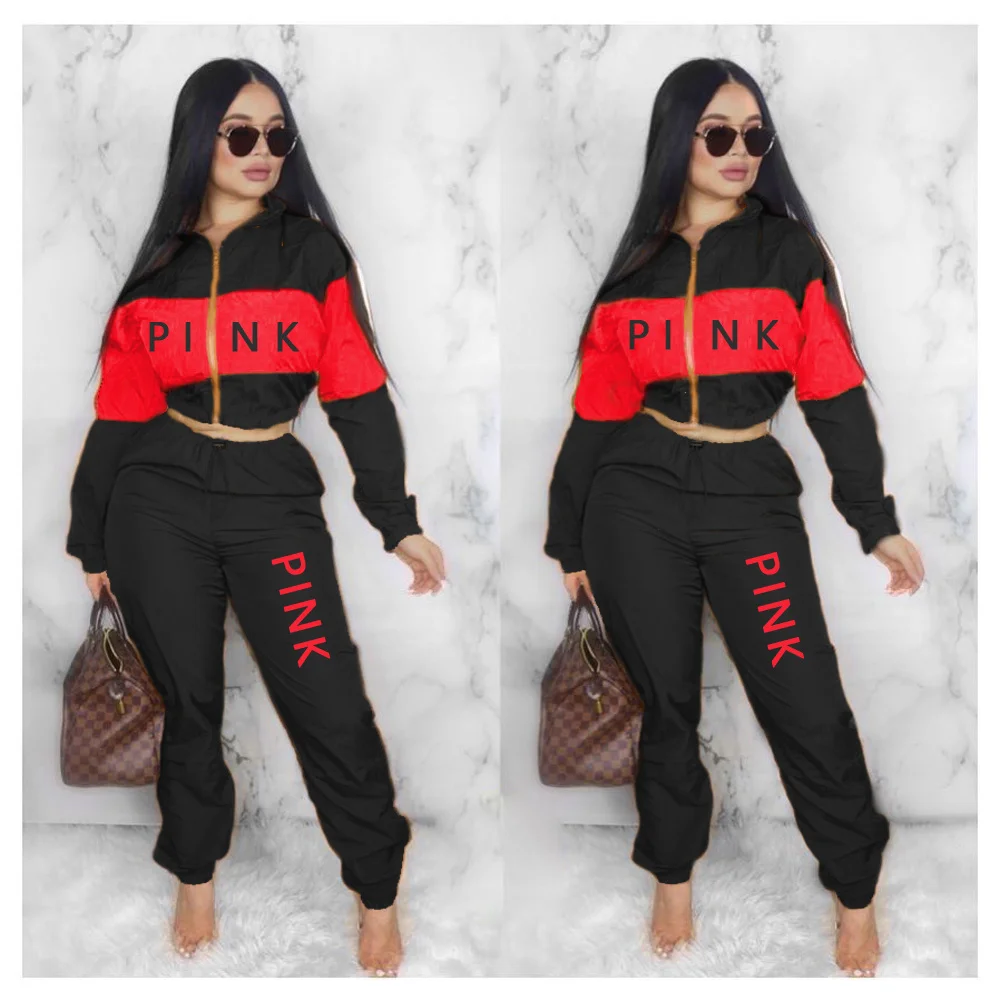 color patchwork fashion streetwear womens set pink printed tracksuit casual 2pcs outfits zip coat drawstring pants matching set free global shipping