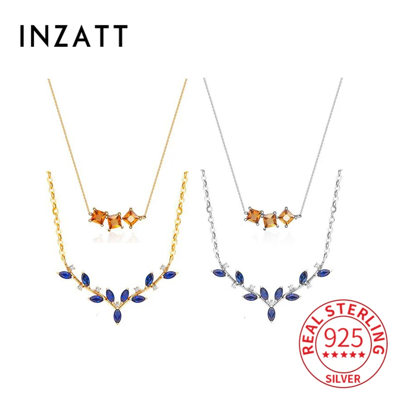

INZATT Real 925 Sterling Silver Zircon 14K Gold Moon Round Star Pendant Choker Necklace For Women Cute Fine Jewelry Accessories