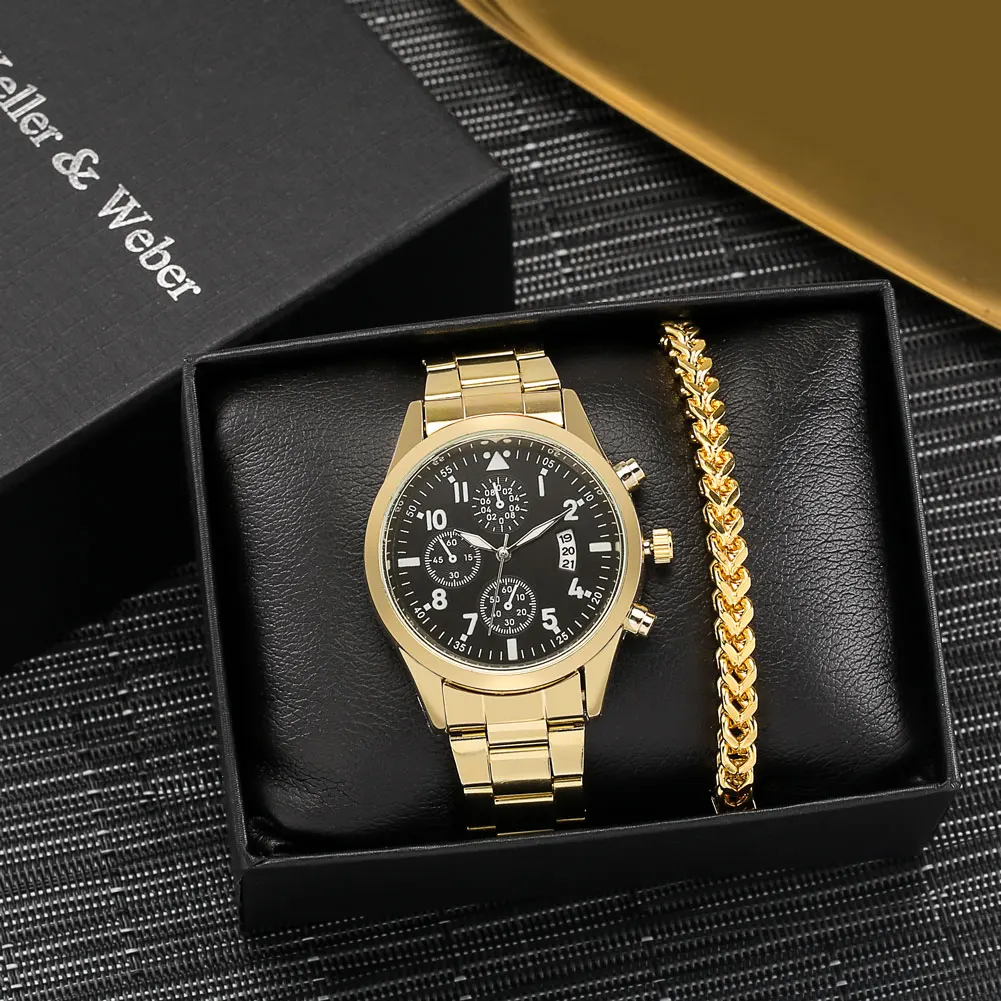 

Luxury Golden Watch Men Gold Bracelet Gift Set Quartz Watch Dial with Calendar Keller Weber Stainless Steel Strap Gifts for Men