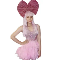 shining diamond pink feather women dresses red big bow knot headwear birthday celebrity outfit dj singer dance stage wear