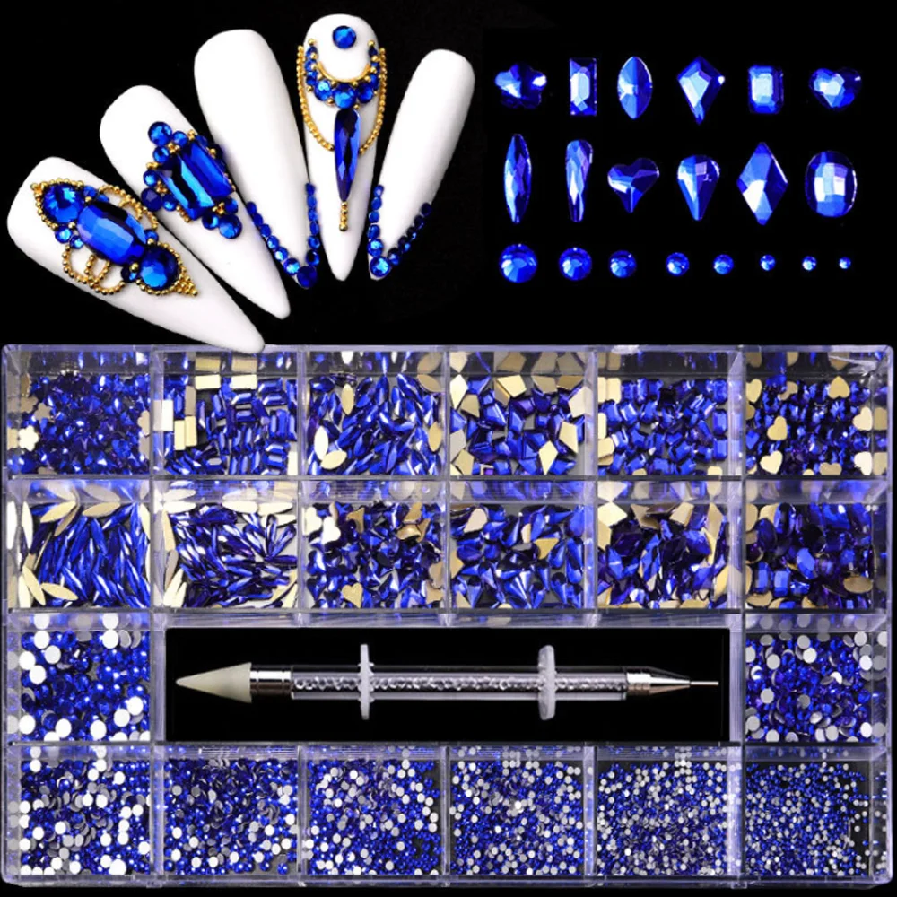 

1Box AB/Red/Blue/Gold Nail Rhinestones Multi-Shape+Round Stones SS3-SS12+1pc Dotting Pen Over 8000pcs Flatback Crystal Diamond&*