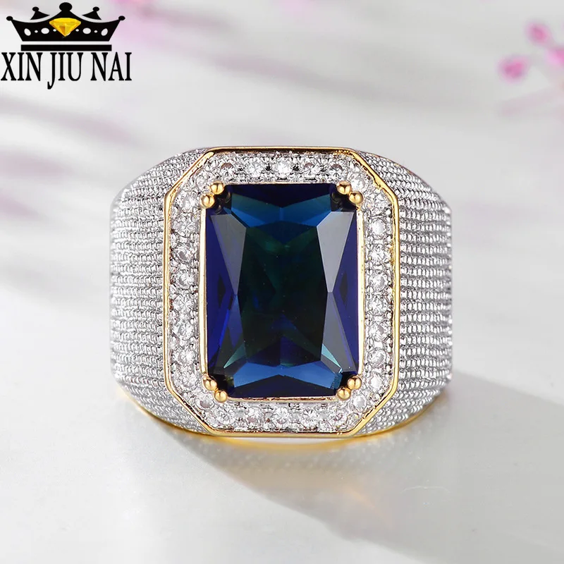 Мужское прямоугольное кольцо с кристаллами золотистого цвета|Кольца| |