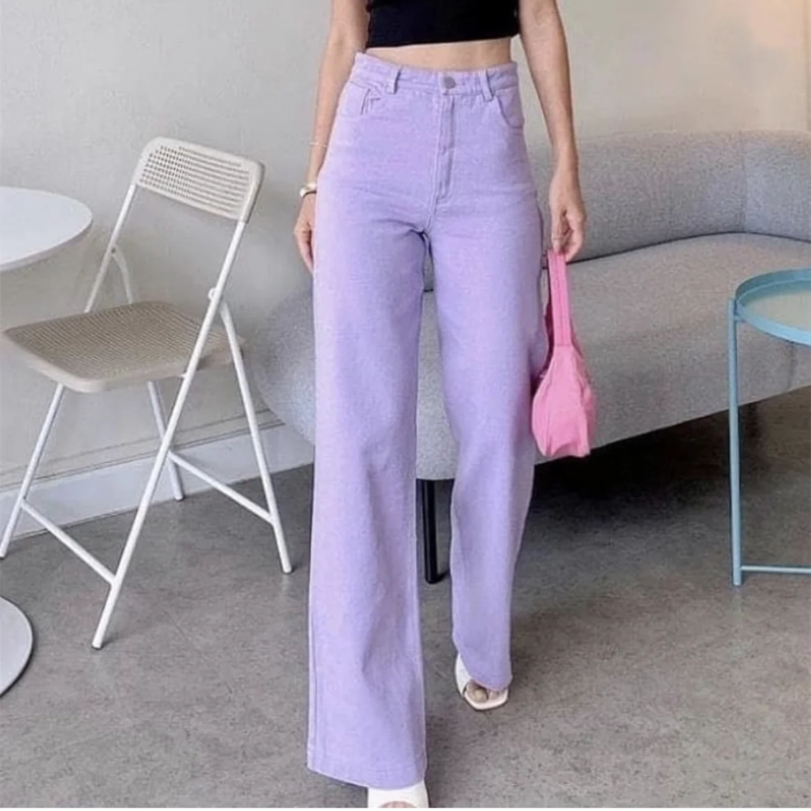 

Plus Size Vintage Solid Purple High Waist Denim Pants Jeans Summer 2021 Chic Streetwear Wide Leg Straight Jeans Women
