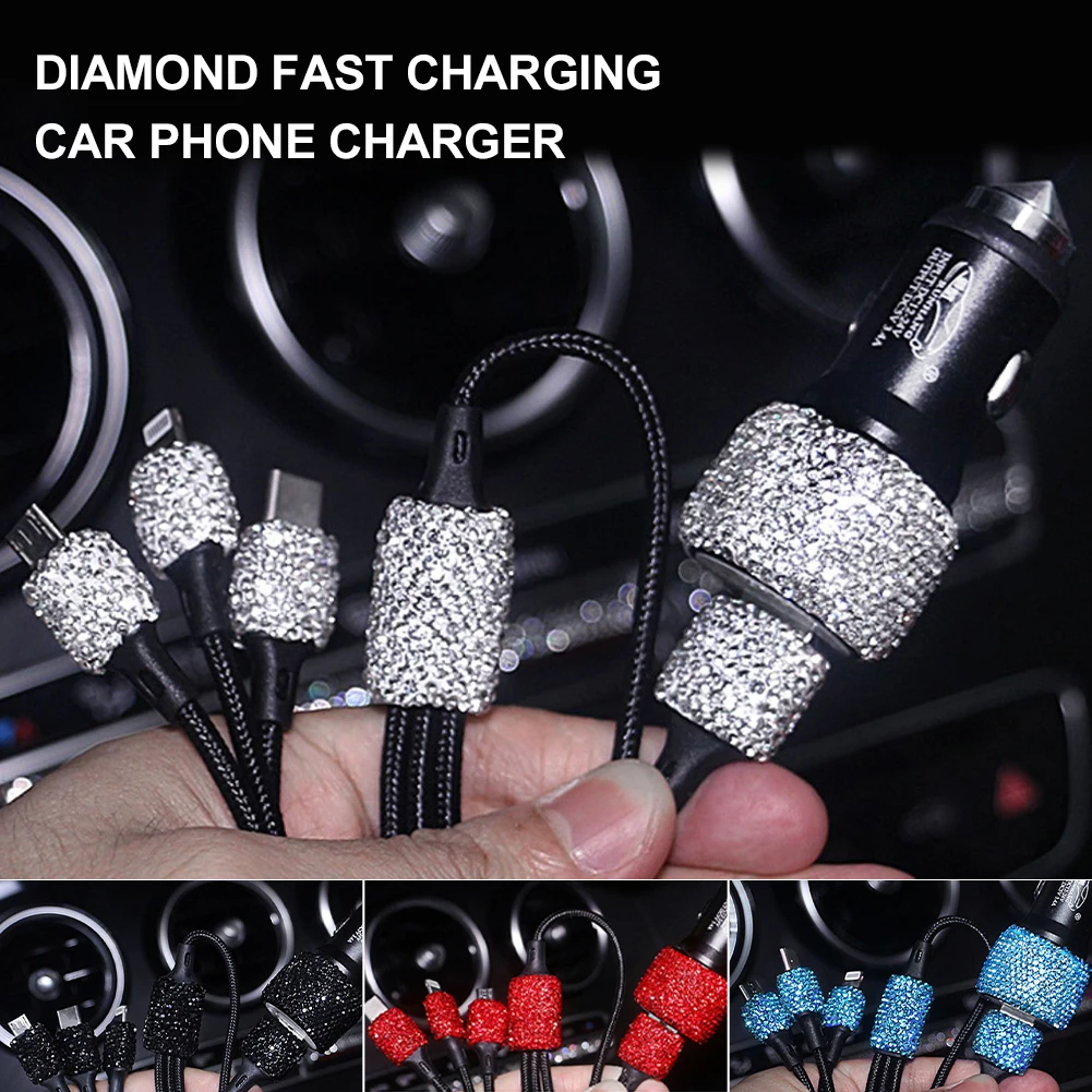 

Bling Car Charger 5V 2.1A Dual Port Car USB Adapter Fast Charge with 3 In 1 Charging Cable Rhinestones Car Decoration for Women