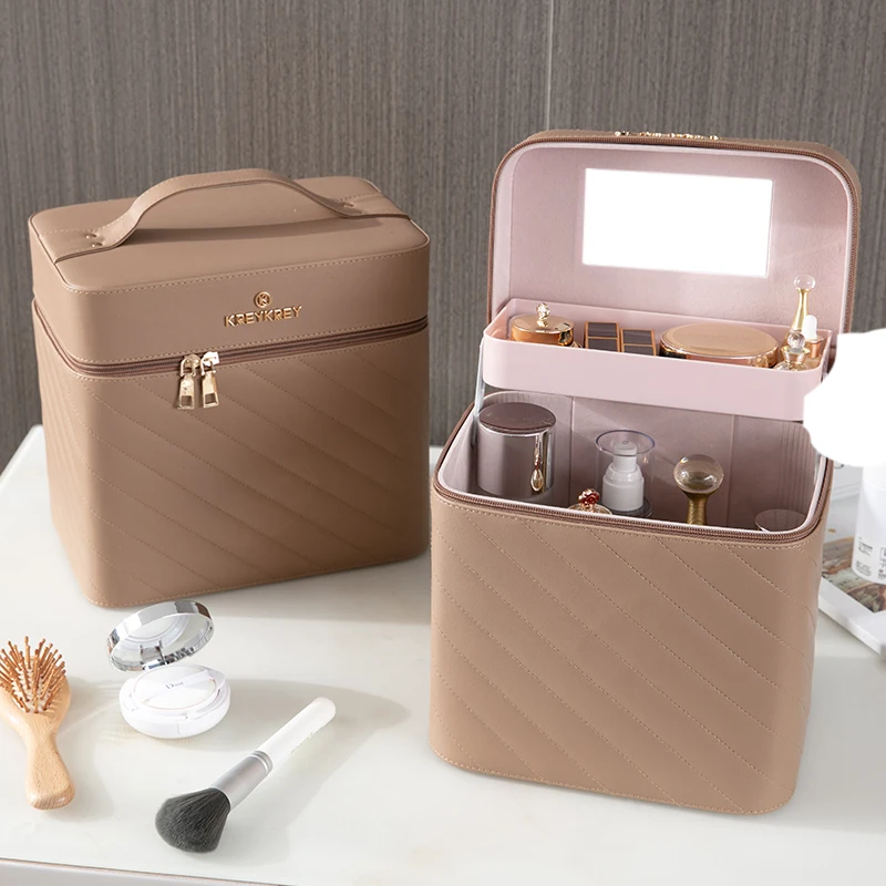 

Large Women Cosmetic Bag PU Leather Waterproof Multi Layers Zipper Make Up Bag Travel Washing Makeup Organizer Beauty Case