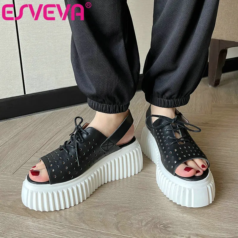 

ESVEVA 2021 Wedge High Heel Summer Women Shoes Genuine Leather Cut Outs Elegant Sandals Slingback Female Pumps Size 34-41