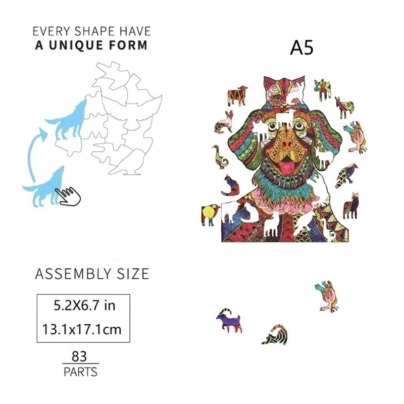 

Creative Craft Dog Wooden Puzzle Wooden Jigsaw Puzzles,Unique Shape Jigsaw 8x10.4in(A4-116Piece) Wooden Puzzles