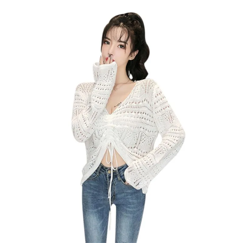 

Fashion Women Early Spring New Thin Loose V-neck Knit Hollow Out Take Ladies Drawstring Sunscreen Knitted shirt
