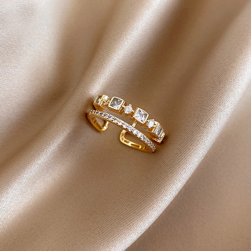 

New Charming 14K Real Gold Square Zircon Opening Rings for Women Adjustable Design Beautiful Jewelry Shiny AAA Zircon Party Gift