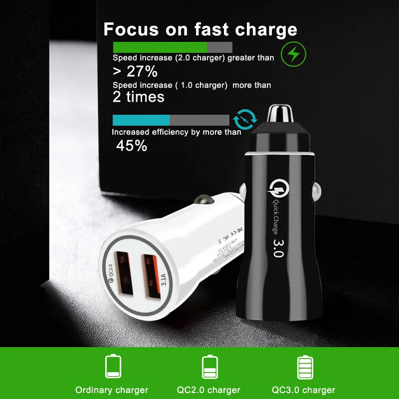 Автомобильное зарядное устройство Quick Charge 3,0 QC 3,0 с двумя usb-портами для iphone 7, 8 plus, X, XS, Max, адаптер для быстрой зарядки, автомобильное зарядное устройство для samsung S7, S8, S9
