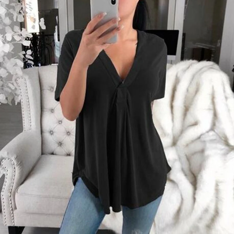 

Women's Summer V Neck T-Shirts Casual Short Sleeve Plus Blouse Baggy Tunic Tops SWD889