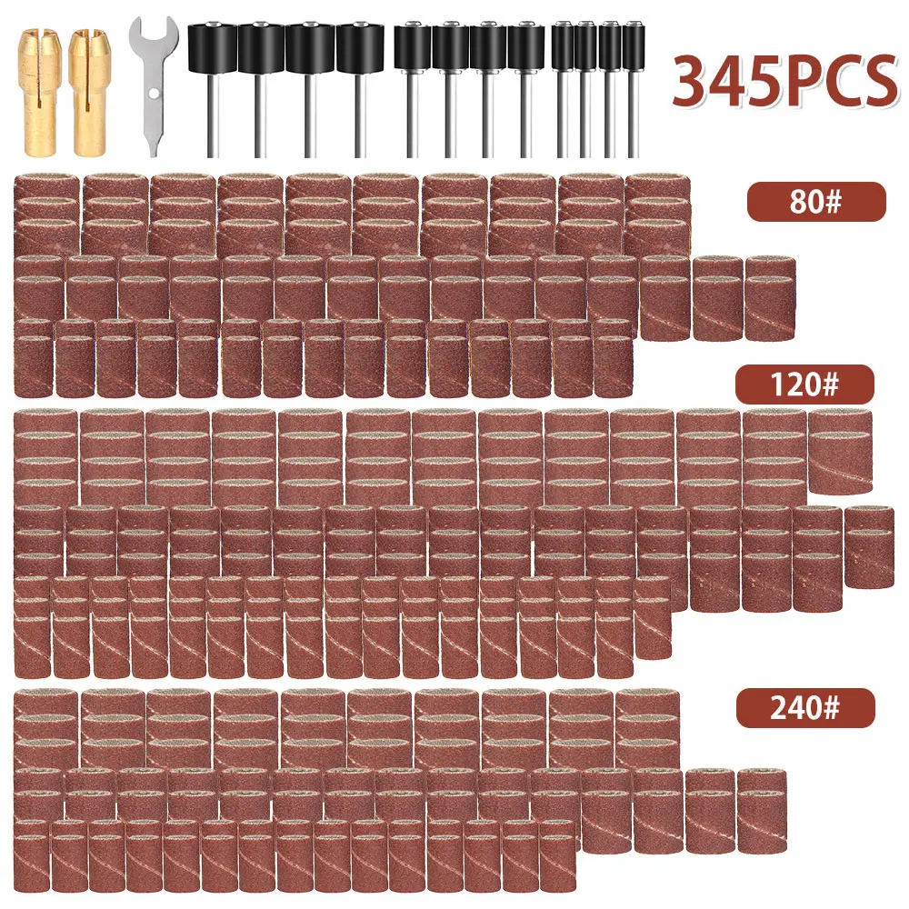 

345Pcs Sanding Drum Set #80#120#240 Grit with 1/4" 3/8" Sanding Mandrel for Dremel Rotary Tools Abrasive Tools Sanding Bands