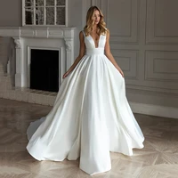 simple wedding dresses 2022 v neck a line sleeveless backless big bowknot satin chapel train bridal gowns vestido de novia