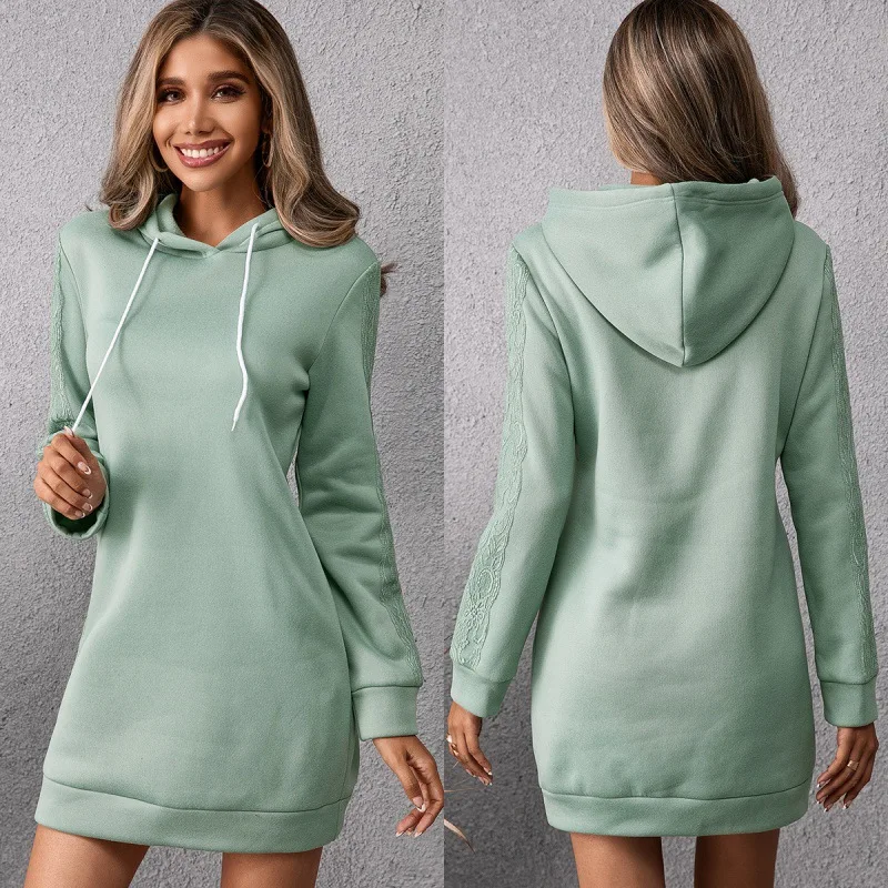 

2021 New Fashion Women Casual Hooded Long Sleeve Solid Green Mini Dress Loose Pullover Hooded Sweatshirt Dresses Autumn Winter