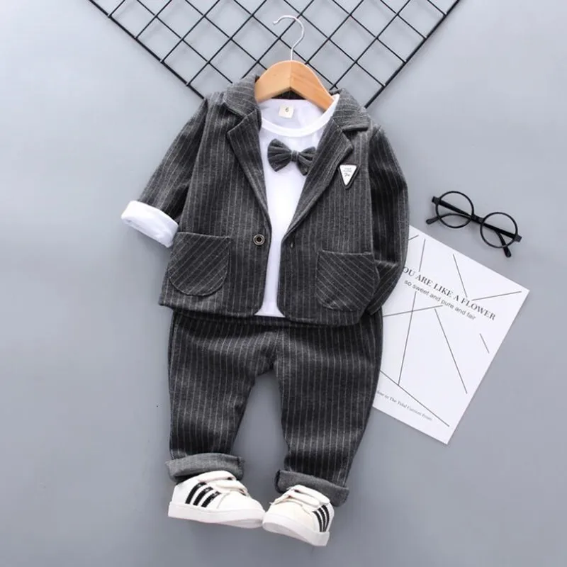 

Fashion Coat+Bow Shirt+Pants 3pcs Boys Party Clothing Set Spring Autumn Kids Boy Striped Outfit Suit Children 1-4Y Clothing