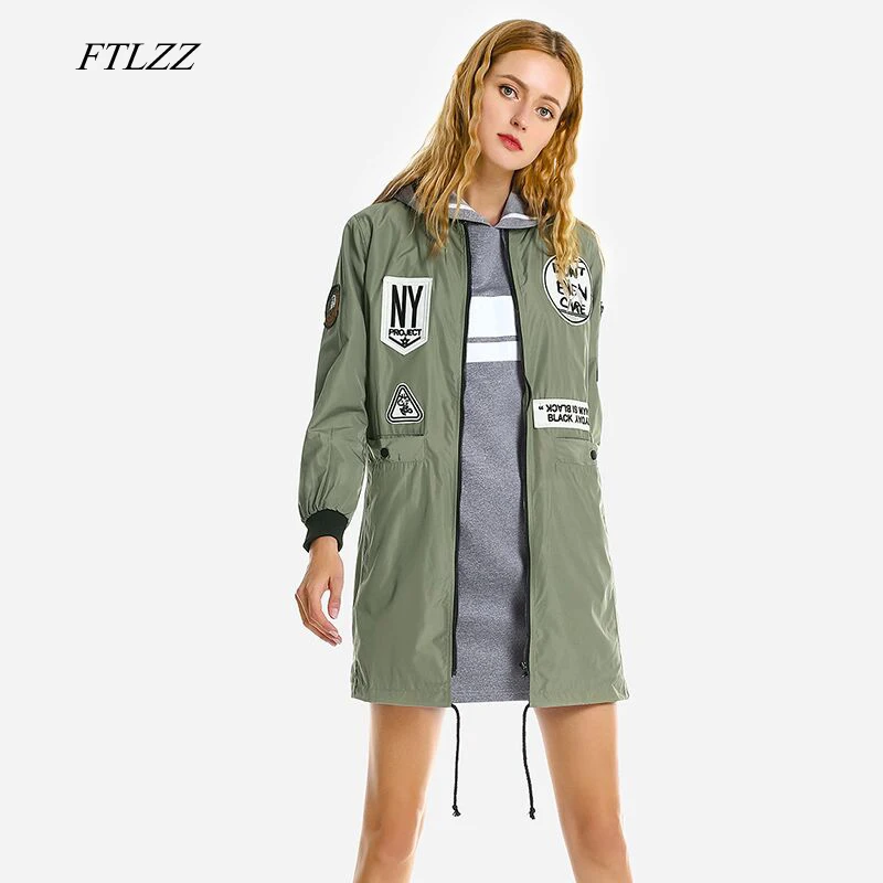 FTLZZ Женский Осенний Тренч средней длины пальто с принтом и надписью ветровка