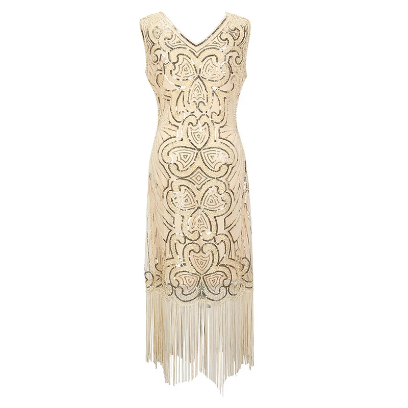 apricot dress Женские 1920s Гэтсби Хлопушки бахрома платье V шеи бисером блесток платье(розовый/черный/красный/Абрикосовый) S-XXL - Цвет: apricot dress