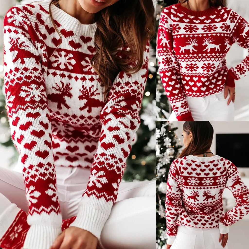 

Sweater Women Christmas Deer Knitted Long Sleeve Round Neck Ladies Jumper Fashion Casual Winter Autumn Knitted Pullover Clothes