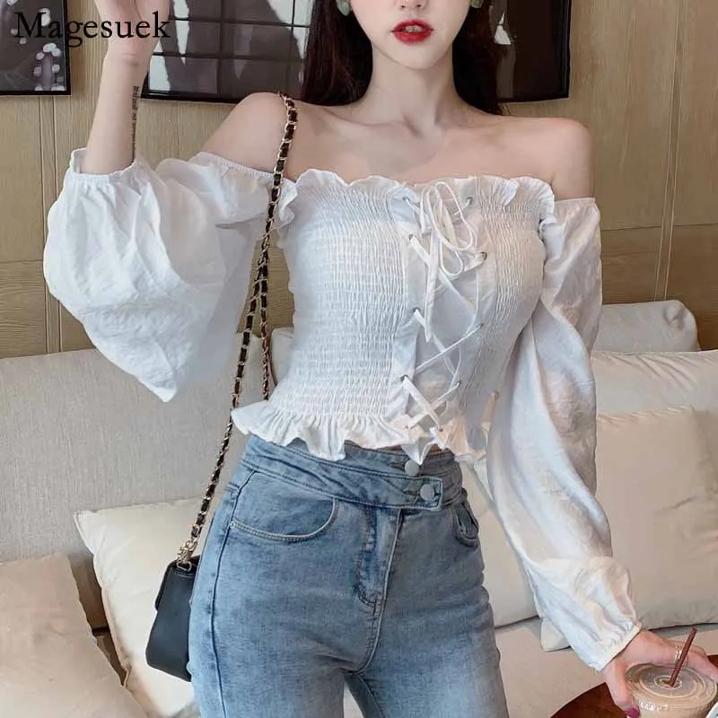 Укороченный топ с воротником-лодочкой и длинными рукавами-фонариками для женщин