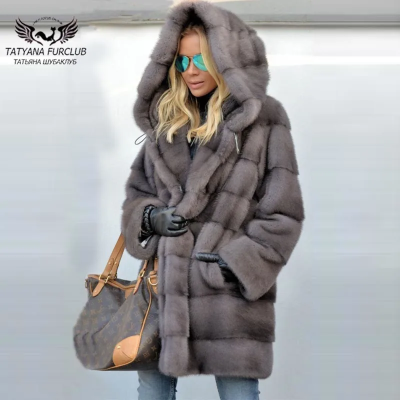 Tatyana furclub шуба Роскошная настоящая норковая шуба женская Толстая теплая куртка с большим меховым капюшоном женская зимняя норковая шуба