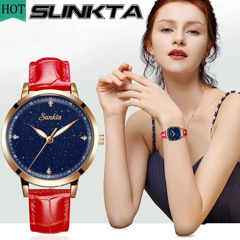 Часы наручные SUNKTA женские кварцевые Элегантные Простые красные модные