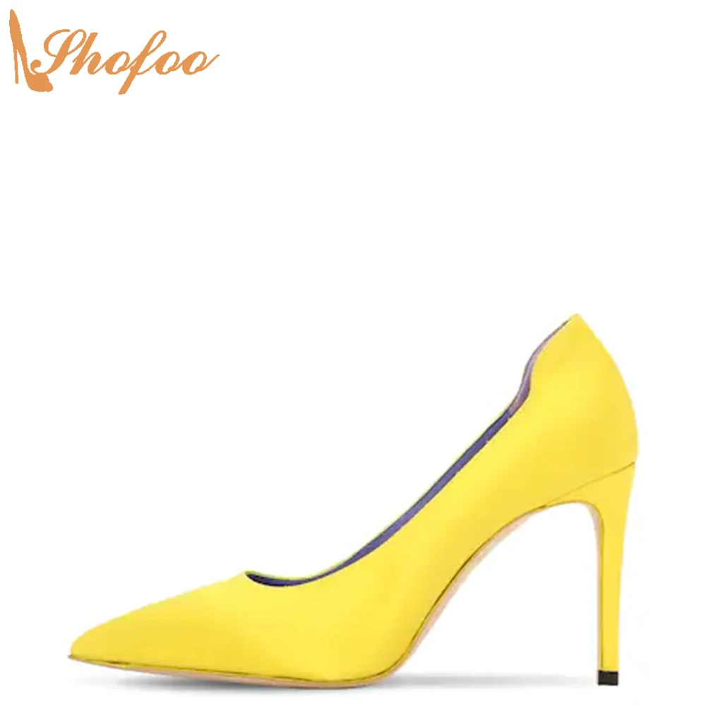 

Yellow Satin Stiletto High Heels Women Pumps Pointed Toe Slip On Large Size 15 16 Ladies Summer Fashion New Mature Shoes Shofoo