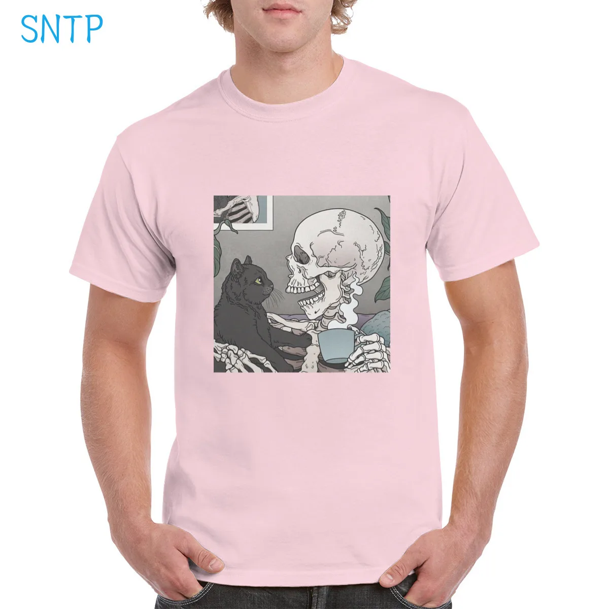 

Cute Funny Cat Look Demon Skeleton Coffee Graphic t shirt women Cat Top Streetwear 100% Cotton Soft Oversized Tee Man T-Shirt