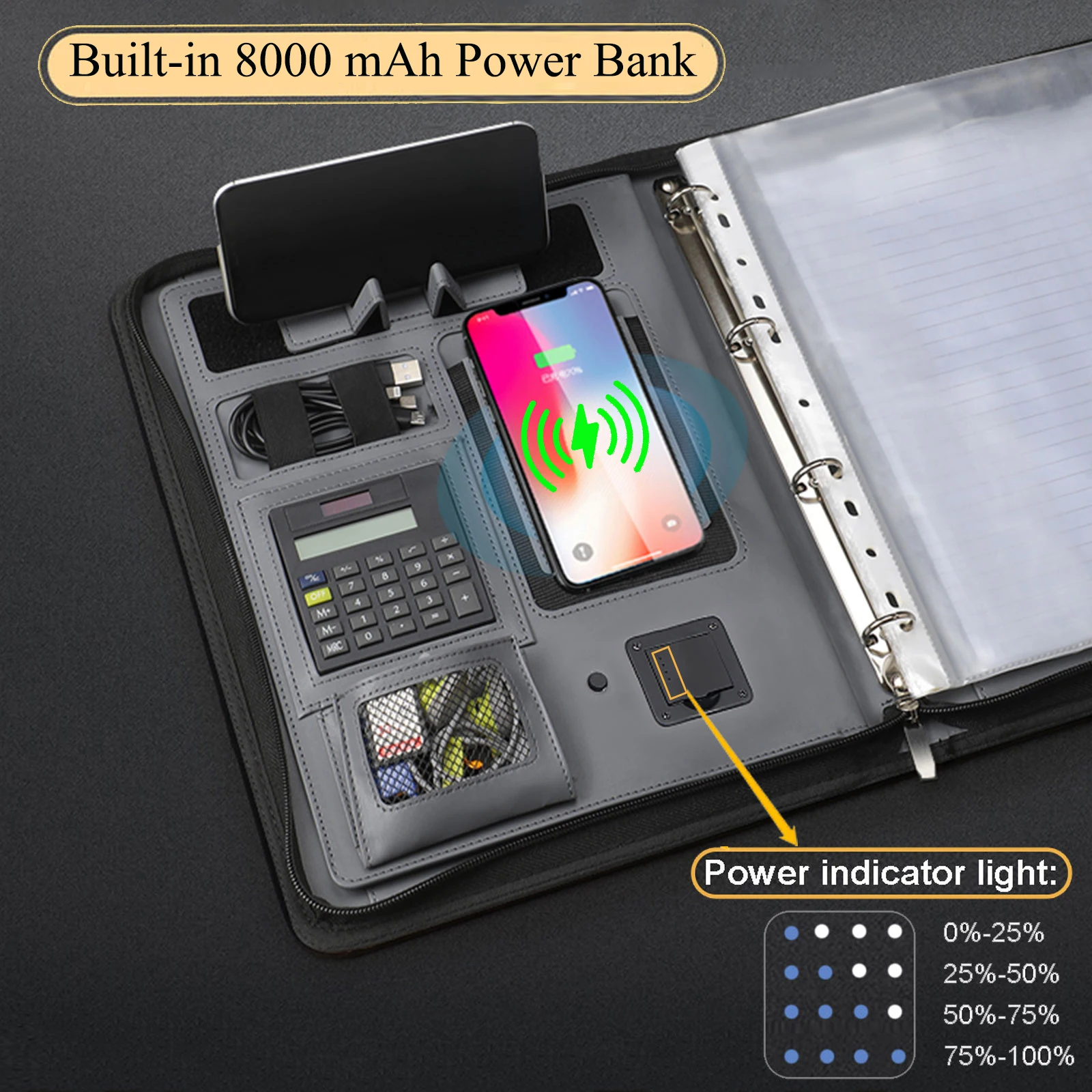 Кожаная папка-портфель А4 на молнии с беспроводной зарядкой 8000 мАч