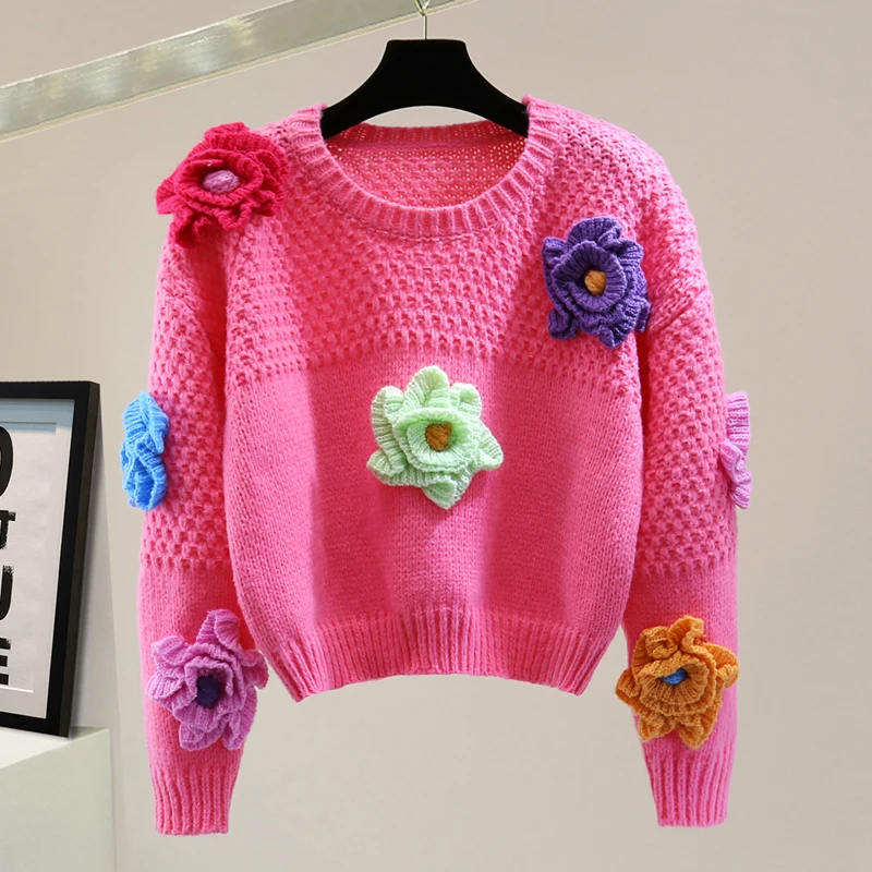 

2021 Autumn Winter Fashion Designer Sweater Women 3D colour Floral Roes Black Long Sleeve Casual Loose Top