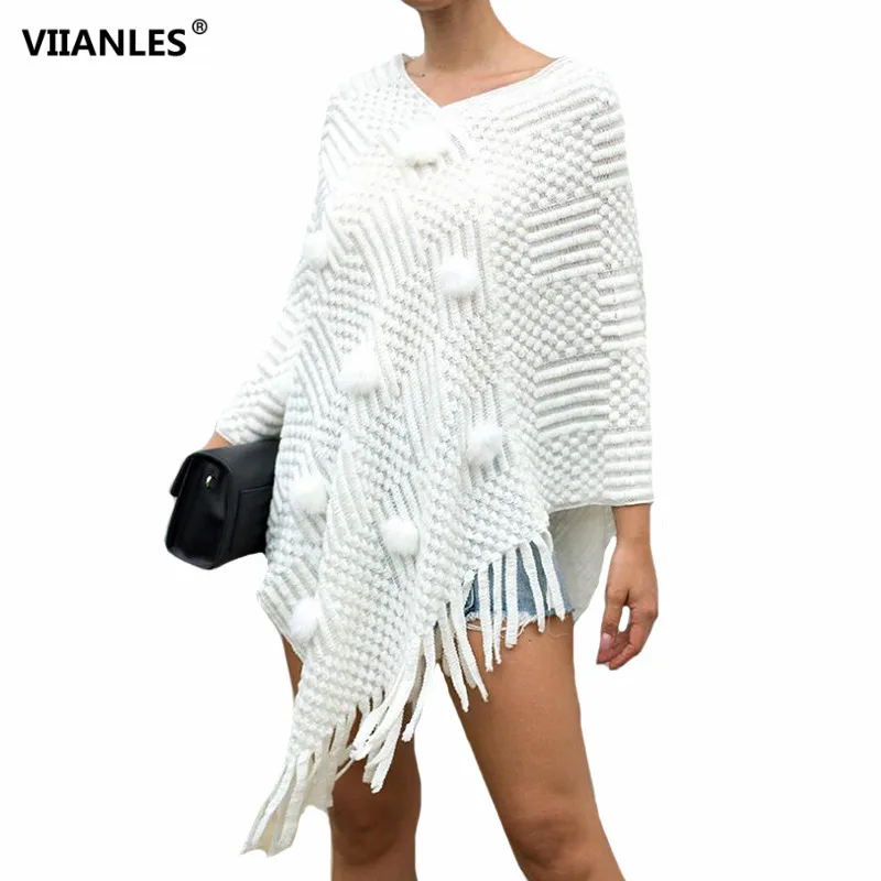 

VIIANLES Knitted Tops Autumn Women V-Neck Solid Hairball Tassel Sweater Loose Tops Khaki White Shawl 2020 New Ladies Clothes