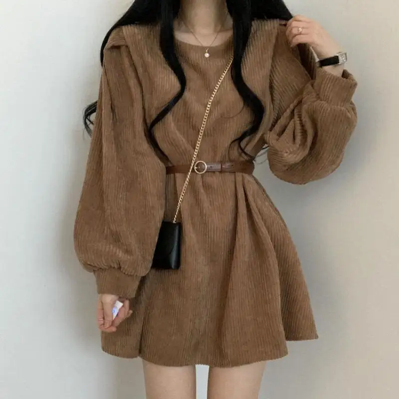 

French Chic Corduroy Dress Women O Neck Long Sleeve Slim Waist Dresses Solid Color Casual Vintage Fashion Vestidos