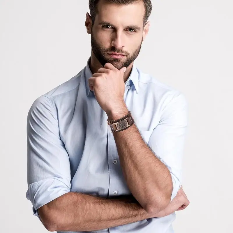 Широкий мужской браслет из кожи Браслет-талисман в стиле викингов