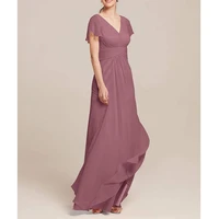 women chiffon bridesmaid dress with short sleeves sexy v neck ruched elegant maid of honor dresses for weddings party long