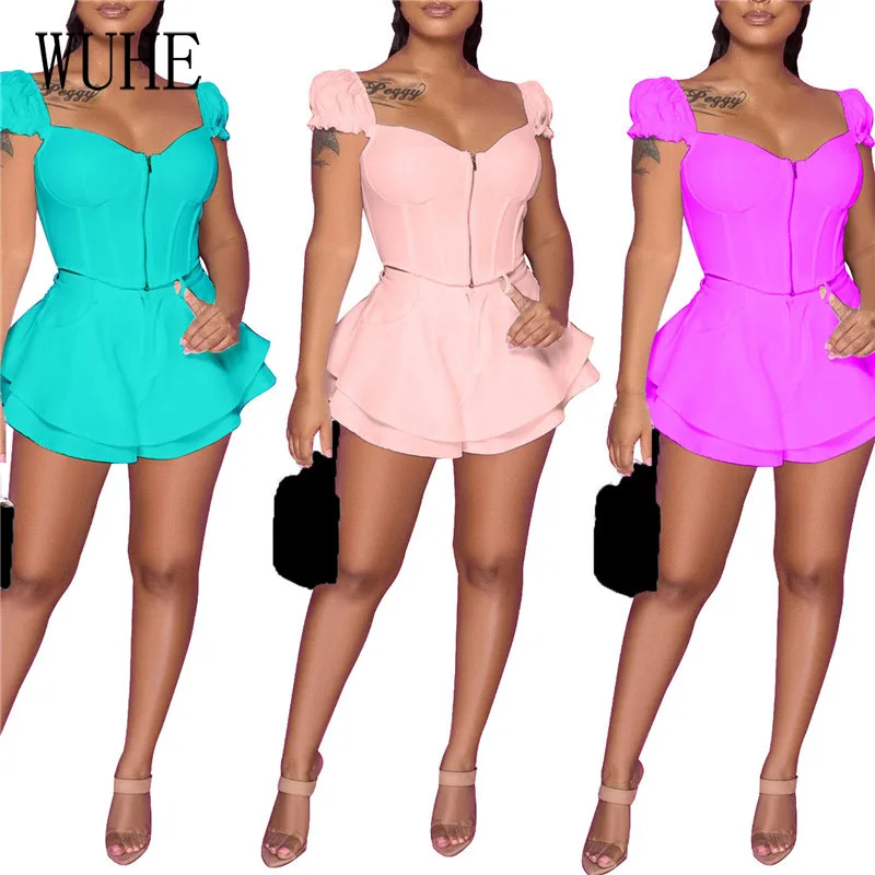 

Повседневные сексуальные костюмы YEYA из двух предметов для вечеринки, топ на молнии с квадратным воротником и короткие брюки в виде грибка, д...