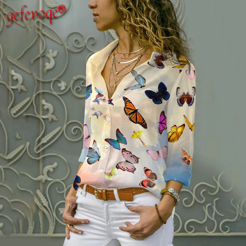 Блузка женская с отложным воротником модная офисная рубашка бабочкой топ на лето