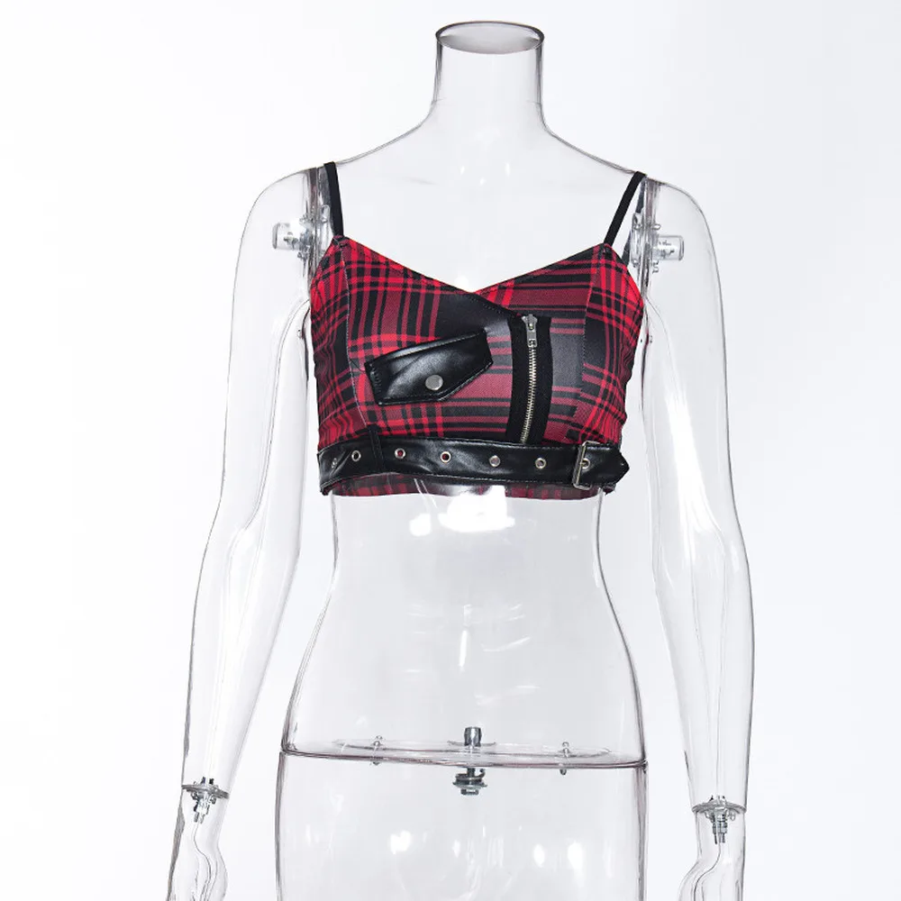 

Vintage Summer Women Punk Tank Tops Sexy Red Black Plaid Zipper V-neck Crop Tops Girls Gothic Cropped Tops Camisole Femininos