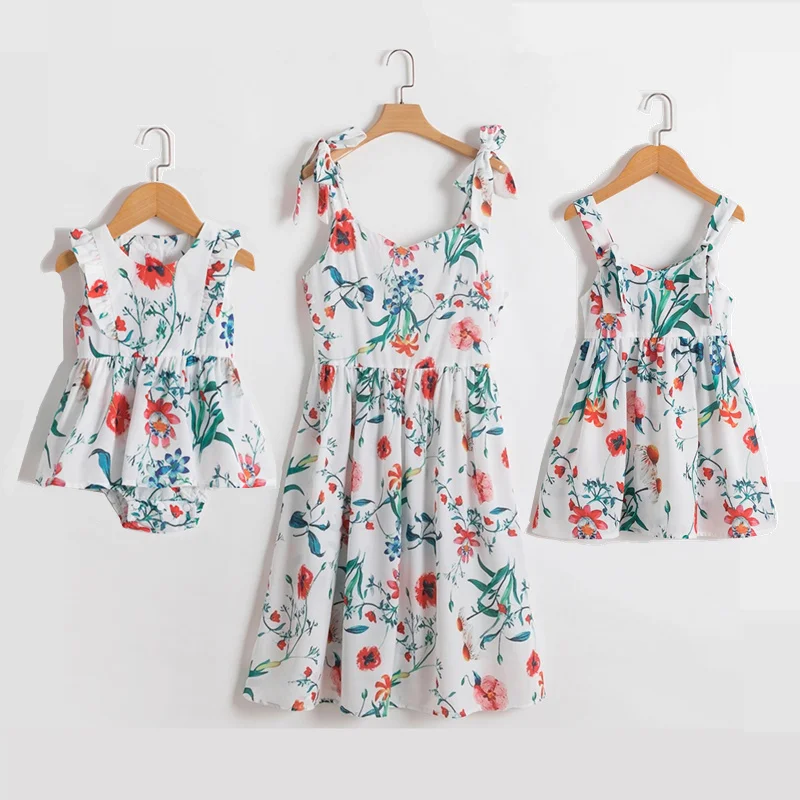 

2021 Summer Family Clothes Mother And Daughter Dress Girls Dress Baby Girls Romper Flower Printing Mom Daughter Matching Dress