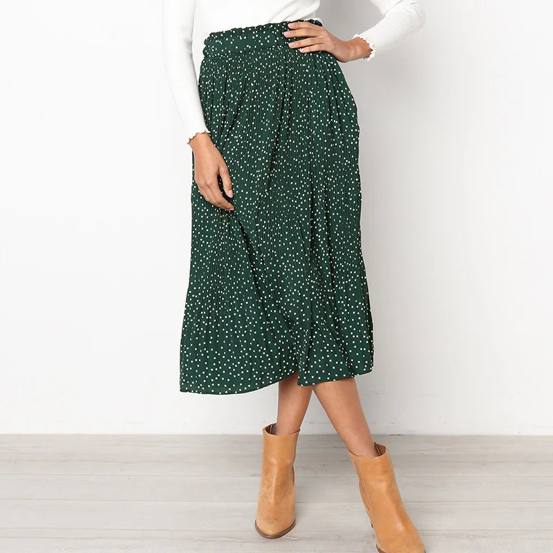 

White Dots Floral Print Pleated Midi Skirt Women Elastic High Waist Side Pockets Skirts Summer 2019 Elegant Female Bottom