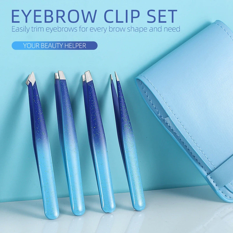 

4pcs Eyebrow Pliers Stainless Steel Blue Gradient Starry Sky Brow Clip Set With Portable Storage Bag Makeup Accessories