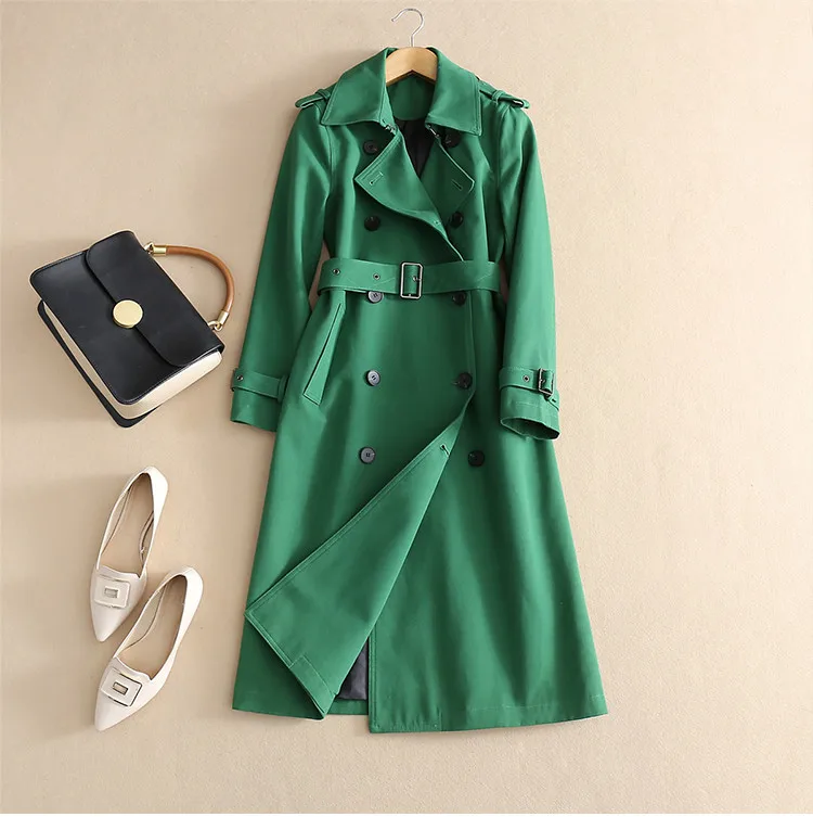 

Women's Cotton Dress Green Trench 2020 Medium Length Double Breasted Slim Waist Trench Outerwear New Arrival
