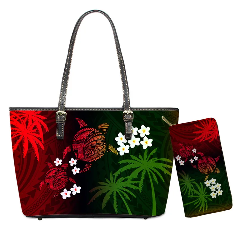 

Hawaiian Sea Turtle Beach Handbags Polynesian Maori 3D Pattern Luxury 2pcs/set PU Shoulder Bags Leather Purse for Women Totes