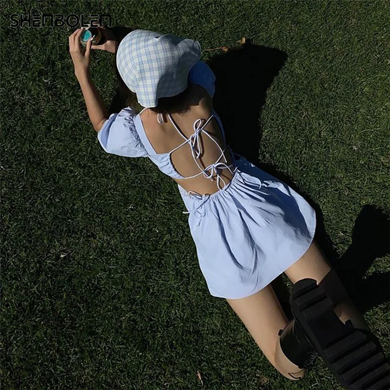 

Sexy Backless Puff Sleeve A Line Dress Summer Casual Lace Up Fashion Cut Out Vintage Dress Beach Vacation Streetwear