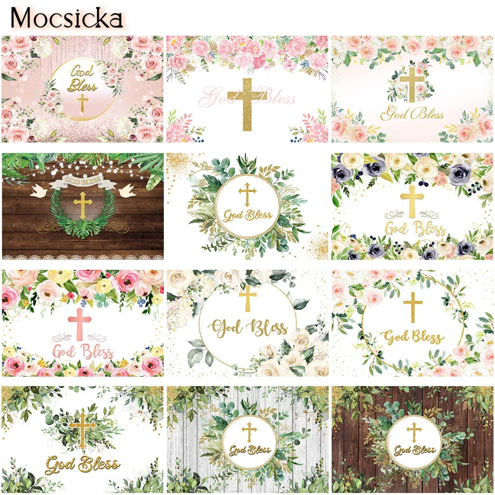 

First Communion Backdrop God Bless Baptism Flower Photography Background Christening Birthday Baby Shower Decorations Poster