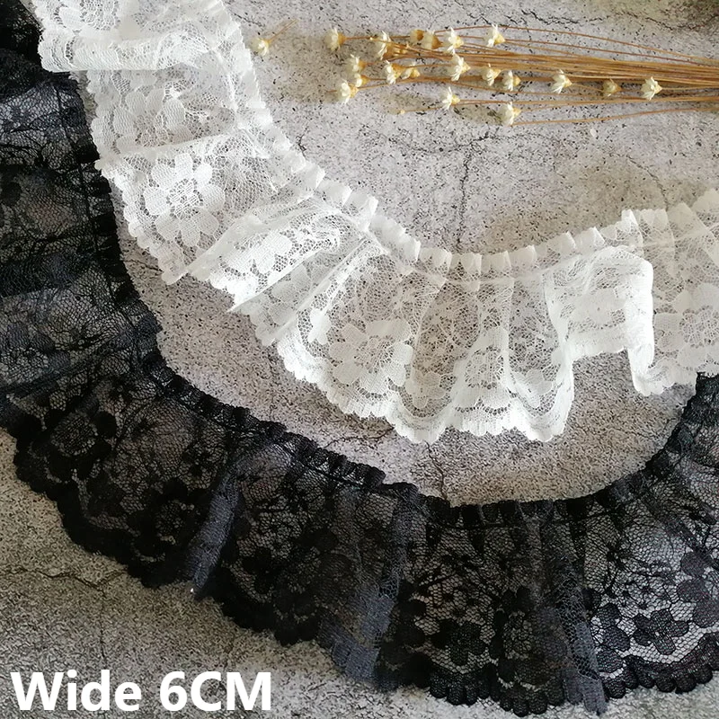 6CM Wide White Black Mesh Frilled Lace Ribbon Pleats Fabric Dress Guipure Collar Cuffs Ruffle Trim DIY Apparel Stitched Material
