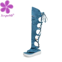 women roman hollow pinch high tube sandals straps wedge heel casual large size female denim jeans over the knee tong toe shoes